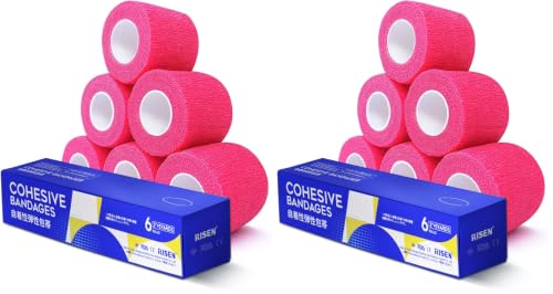 RISEN Cohesive Bandage 2” x 5 Yards, 6 Rolls, Self Adherent Wrap Medical Tape, Adhesive Flexible Breathable First Aid Gauze Ideal for Stretch Athletic (Pack of 2) - color: Neon Pink, size: 6 Count (Pack of 2)