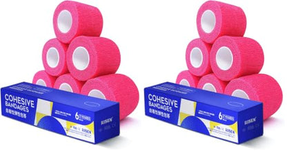 RISEN Cohesive Bandage 2” x 5 Yards, 6 Rolls, Self Adherent Wrap Medical Tape, Adhesive Flexible Breathable First Aid Gauze Ideal for Stretch Athletic (Pack of 2) - color: Neon Pink, size: 6 Count (Pack of 2)