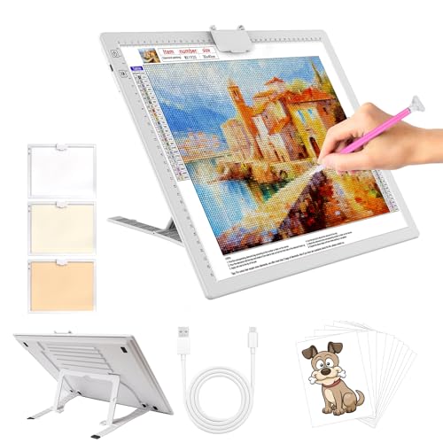 YINGWOND A3 Rechargeable LED Light Pad,Light Box for Tracing with Integrated Stand,3 Light Colors 6 Levels of Brightness and stepless dimming,Light Board for Diamond Painting,Drawing,Artists - style: Rechargeable-A3 White