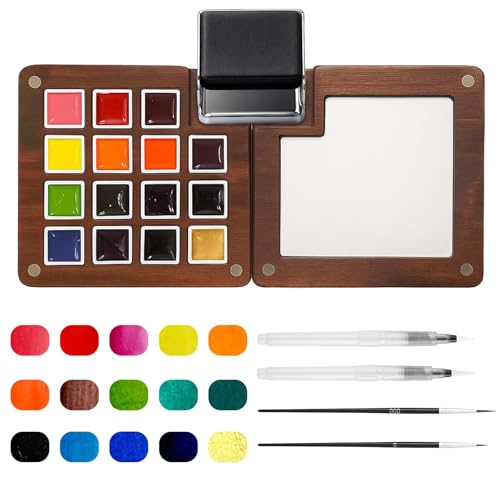 Mini Watercolor Paint Set - 15 Color Travel Watercolor Palette Set - Portable Water Color Paint Set with Binder Clips, Watercolor Brush Pens, Wooden Box for Beginners Painters Artists Student - color: Red 15 Colors without Sketchbook
