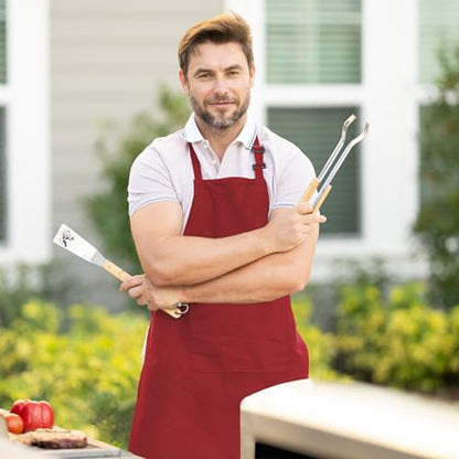 Adjustable Bib Apron 100% Polyester Kitchen Aprons Waterdrop Resistant Aprons with Adjustable Strap, Pockets & Long Ties - color: Red, style: Pack of 2