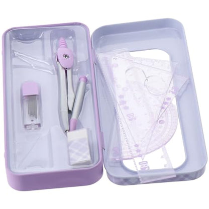 okhobby 8 Pieces Metal Geometry Set, Compass Math Compass and Protractors Geometry with Storage Case, Purple