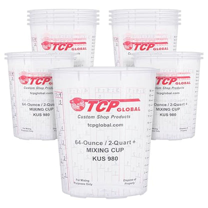 Custom Shop Paint Mixing Cups, 64-Ounce (12 Pack) - Plastic Measuring Cups for Liquids, Automotive Painting, Epoxy Resin, Acrylic Arts, Crafts, Disposable or Reusable, Graduated, Mixing Ratios