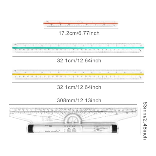 4-Piece Architectural Scale Ruler Set, 12'' Clear Scales Triangular Ruler Set, 3-Color-Coded Grooved Set Square for Drafters, Architects, and Engineers Blueprint Project