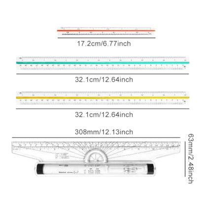 4-Piece Architectural Scale Ruler Set, 12'' Clear Scales Triangular Ruler Set, 3-Color-Coded Grooved Set Square for Drafters, Architects, and Engineers Blueprint Project