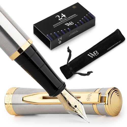 Wordsworth & Black Fountain Pen Set for Writing, Extra Fine Nib,Silver | Gift for Men & Women, Brass Body, 18K German Iridium, Calligraphy, Converter + 24 Ink Cartridges, Refillable, Leak-Free - color: Silver Gold, style: Extra Fine Nib
