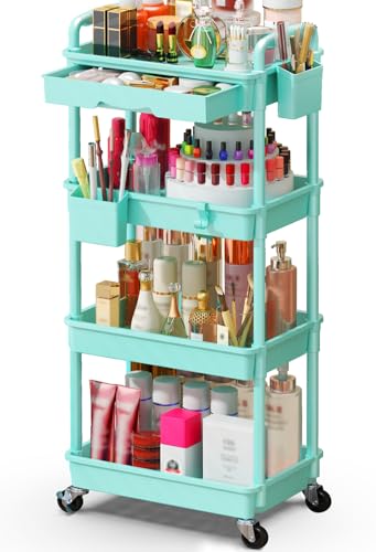 SUNALLY Makeup Cart Organizer with Drawer, 4 Tier Rolling Makeup Cart, Blue - color: Blue, size: 4 Tier