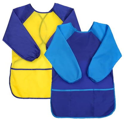 2 Pack Kids Art Smock Waterproof with Long Sleeve and 3 Roomy Pockets Artist Children Aprons for Toddlers Age 3-8 Painting Crafts（Yellow+Blue） - color: 2 Pack Yellow+blue