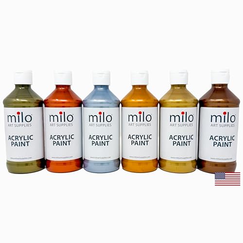 milo Metallic Acrylic Paint Set, 6 Metallic Colors, 8 oz Bottles | Safe and AP Non-Toxic, Made in the USA, Arts & Crafts Paints for Artists, Student & Hobby Painters, Paint Pack, Multi-Media - style: Metallic Set 6 x 8 oz
