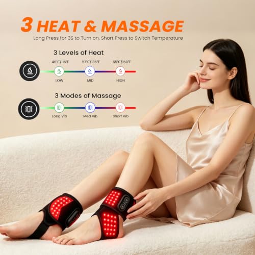 Red Light Therapy Wrap with Heating Vibration for Ankle Foot Wrist | Relieve ankle wrist, hand & foot pain,660nm Red & 850nm Infrared Light,3‑Level Heating | 3 Vibration Modes,3000mAh Battery