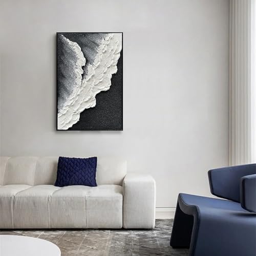 NANKAI Hand-Painted Thick Texture Black and White Abstract Canvas Art Ocean Wave Beach Landscape Oil Painting Home Wall Art Deco Oil Painting 24X36 Inches (with Solid Wood Exterior Frame) - color: Nkhb282