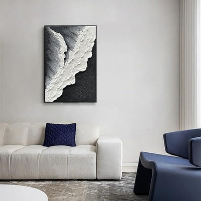 NANKAI Hand-Painted Thick Texture Black and White Abstract Canvas Art Ocean Wave Beach Landscape Oil Painting Home Wall Art Deco Oil Painting 24X36 Inches (with Solid Wood Exterior Frame) - color: Nkhb282
