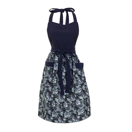 Cute Floral Apron for Women with Pockets, Cotton, Adjustable Straps - color: Deep Blue