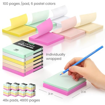 ARTEZA Sticky Notes 3x3 inches, 48 Sticky Pads, Bulk Sticky Note Pads, Assorted Multicolor Self-Adhesive Notes