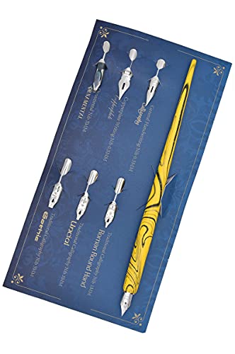 Gullor Wooden Dip Pen Calligraphy Set with Black Ink & 6 Nibs for Beginners, Kids, Writing, Signatures and Drawing, Yellow