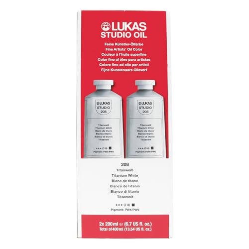 Lukas Studio Oil Paint - Titanium White - 200ml - Set of 2 Tubes- Excellent Lightfastness, Enhanced with Beeswax for Smooth, Buttery Texture, Consistent Hue, Ideal for Oil Artists- Fast Drying
