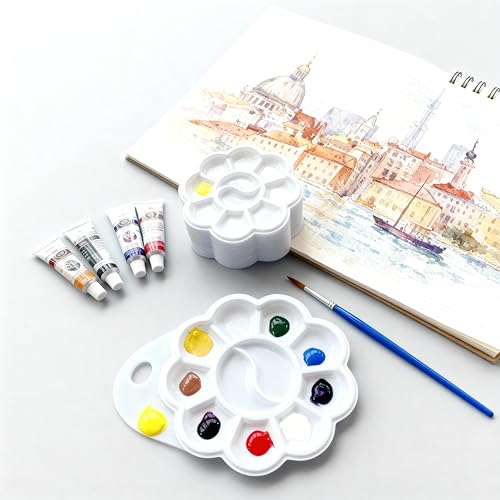 Paint Palettes, 50 Pcs, One Time Use Plastic, White 4.6 inch | Mini Watercolor Painting Palettes for Students, Kids, Paint Holder, DIY Craft Class, Paintings