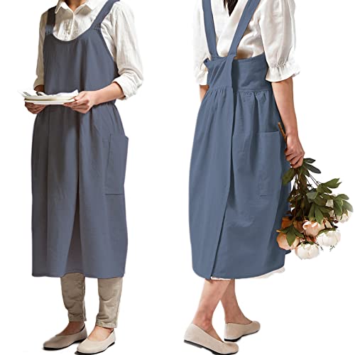 Japanese Cotton Cross Back Smock Apron for Women with Pockets Blue Grey | Criss-Cross, No Ties, Cotton linen, Pinafore Apron Dress, Farm Work Apron for Kitchen Cooking, Baking, Gardening, Painting - color: 04 - Blue Grey Without Waist Ties