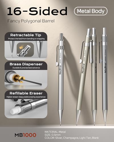 Nicpro 37PCS Art Mechanical Pencil Set, Metal Drafting Pencils 0.5 mm, 0.7 mm, 0.9 mm & 2mm Lead Pencil Holder (6B 4B 2B HB 2H 4H Colors) For Sketching Drawing With 20 Tube Lead Refills Eraser Case - style: 8 Pack （0.5mm & 0.7mm & 0.9mm & 2.0mm）
