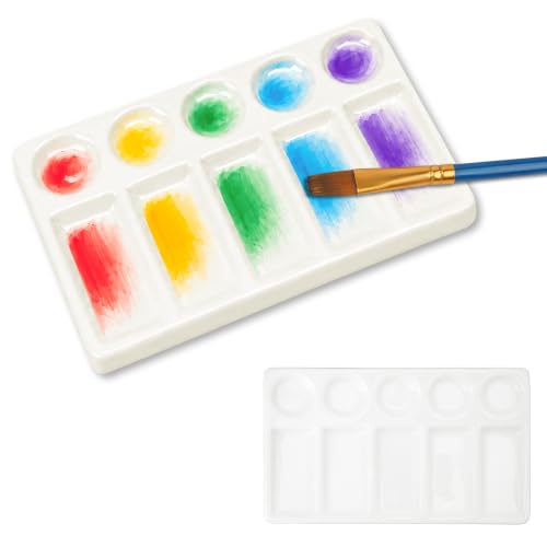 LUWOO 5-Grid, 5-Hole White Ceramic Paint Palettes Mixing Tray 7.3" x 4.3", Artist Watercolor Tray for Gouache, Tempera, Acrylic, Oil Painting