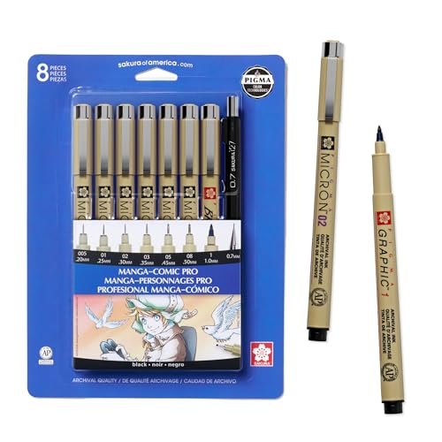 SAKURA 50203 8-Piece Pigma Manga Comic Pro Drawing Kit | Pigment-Based Archival Ink for Manga & Anime Art, Detail Work, Waterproof, Fade-Resistant, No Bleed - style: 8 Pen Pack