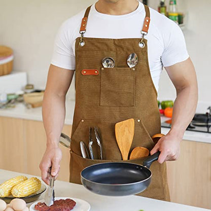 Aoomzoon Canvas Aprons for Men Chef Apron, Work Apron with Large Pockets - 16oz Heavy Duty Cross Back, BBQ, Cooking - color: Brown