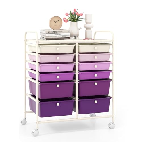 12 Drawer Rolling Storage Cart, Craft Cart Organizer on Wheels with Metal Frame, Large Capacity & Smooth Drawers for Living Room, Classroom, Office (Gradient Purple) - color: Gradient Purple, size: 12 Drawer