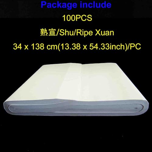 KYMY Chinese/Japanese Calligraphy Xuan Paper 100PCS, Sumi/Rice Paper for Writing Painting Drawing Practice, Chinese Brush Ink Paper Shu (Ripe) (34 x 138 cm / 13.38 x 54.33 inch) - size: Shu (Ripe) Xuan 34 x 138 cm (13.38 x 54.33 inch)