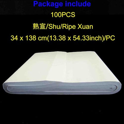 KYMY Chinese/Japanese Calligraphy Xuan Paper 100PCS, Sumi/Rice Paper for Writing Painting Drawing Practice, Chinese Brush Ink Paper Shu (Ripe) (34 x 138 cm / 13.38 x 54.33 inch) - size: Shu (Ripe) Xuan 34 x 138 cm (13.38 x 54.33 inch)