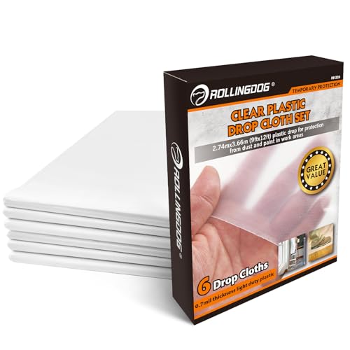 ROLLINGDOG 6 Pack Plastic Drop Cloths 12' x 9' | Clear Painting Tarp Waterproof Dust Cover 0.7mil Light Duty Disposable Plastic Sheeting for Floor Furniture Protection - color: 6 pc