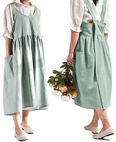 Women Girls Cross Back Apron Gardening Works Cotton Aprons Pinafore Dress - color: Green