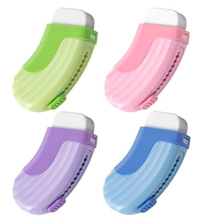 4 Color of Pack Rubber Erasers Sliding Retractable Eraser | Large White Erasers with 4 Refill Eraser for School Office Home Supplies Art Drawing, Push Pull Pencil Erasers for Kids Teens - color: Pink&green&blu&purple