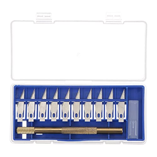 HARFINGTON 1set (11pcs) Art Craft Knife Set 1pcs Hobby Exacto Knife Brass Handle & 10pcs Spare Blades with Plastic Box for Scrapbooking Stencil DIY Precision Crafting, Gold Tone