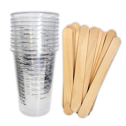 10 8oz Graduated Clear Plastic (PET) Cups and 10 6" Wood Stir Sticks for Mixing Paint, Stain, Epoxy, Resin by NetSellsIt 8 oz Disposable