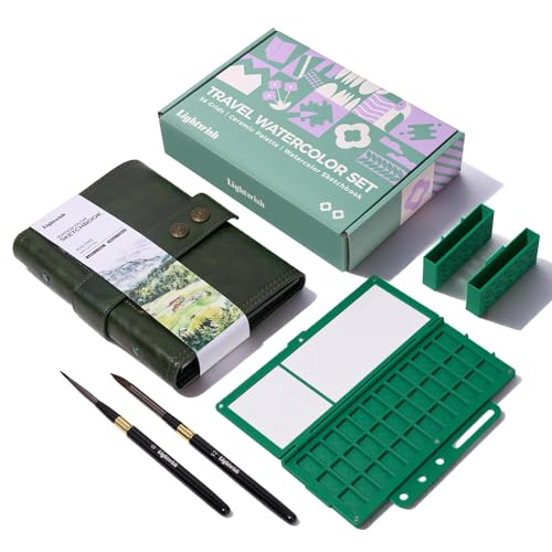 Travel Watercolor Sketchbook Set - 100% Cotton Cold Press 6.7x3.9 Inch Binder Art Journal with 36-Well Ceramic Paint Palette & 2 Travel Watercolor Brushes for Artists Outdoor Painting - color: Green