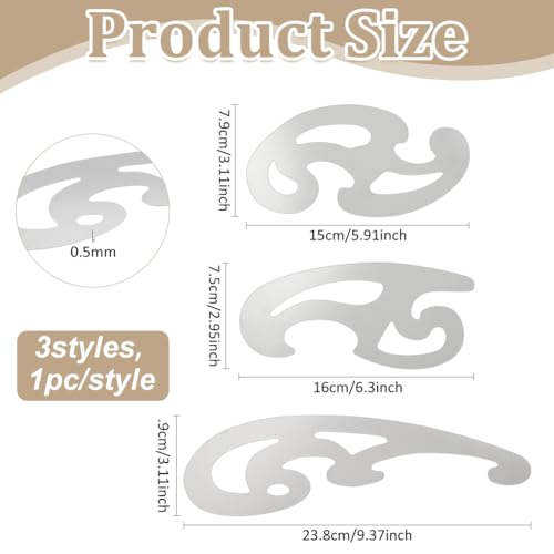 BENECREAT 3 Pcs Stainless Steel French Curve Ruler, Metal Pattern Ruler, Drafting Stencils Drawing Templates Tool for Garment Leather Design, Decorative Embossing, Professional Drawing Tool