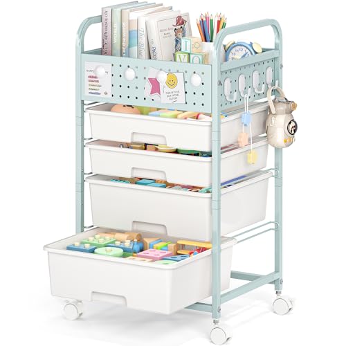 SYKIARIOL Drawer Rolling Storage Cart with Pegboard Top and Hooks, Green, 4-Drawers - color: Green, size: 4-Drawers