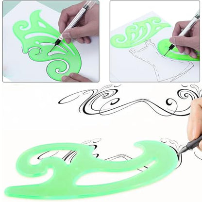6PCS Multi Function French Curve Ruler Green Plastic Comic Template Drawing Tool Set 6 Assorted Sizes for Art Design Drawing Projects Pattern Making