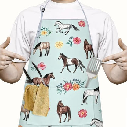 Apron with 2 Pockets,Kitchen Chef Artist Aprons for Cooking Gardening Baking Painting, Waterproof Apron 33" x 27" - color: Horse