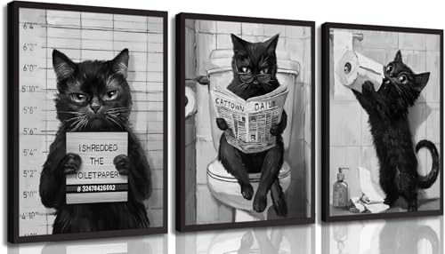 3Pcs Bathroom Black White Cat Wall Art Abstract Cat Reading Newspaper On The Toilet Posters Print Artwork Funny Animal Pictures Wall Decor for Home Restroom Decoration 16x24in Unframed - color: Cat, size: 24"L x 16"W Poster