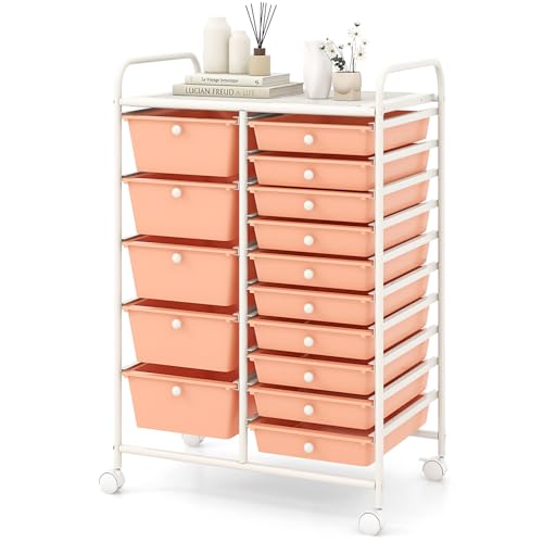 COSTWAY 15 Drawer Rolling Storage Cart, Mobile Storage Organizer | Removable Drawers & Metal Frame, Multipurpose Utility Tools Paper Organizer on Wheels for Home, Office (Peach) - color: Peach, size: 15 Drawer