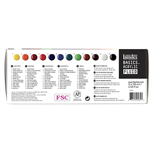 Liquitex BASICS Acrylic Fluid Paint, 6 x 118ml (4-oz.) Bottle Set | Super Versatile, Fine Art Pigments; Fluid Consistency, Vibrant satin colors, Permanent, Lightfast, Water-Resistant Finish - style: 12 x 118ml (4-oz.)