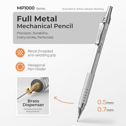 Nicpro 2 PCS Metal Mechanical Pencil 0.5mm & 0.7 mm with Case | MP1000 Pencil Set with 4 Tubes HB Lead Refills, 2 Eraser, 9 Eraser Refill For Art Writing Drafting, Sketch, College - Silver - color: Silver