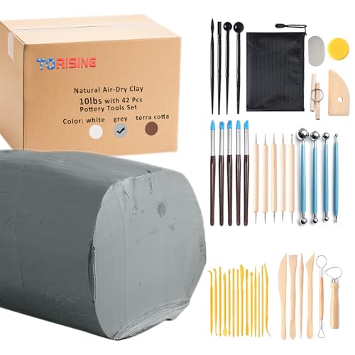 Air Dry Clay 10 LBs with 42 Pcs Set Pottery Clay Tools Set for Hand Modeling and Throwing, Non-Toxic (Gray & Kit) - color: Gray & Kit