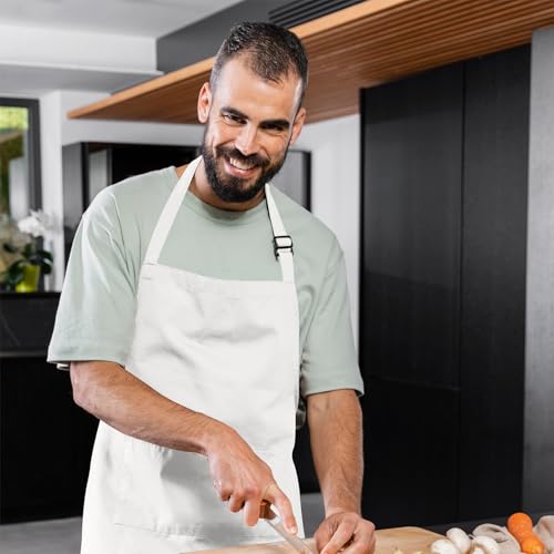 Adjustable Bib Apron 100% Polyester Kitchen Aprons Waterdrop Resistant Aprons with Adjustable Strap, Pockets & Long Ties - color: White, style: Pack of 12