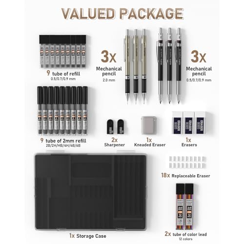 Nicpro 35PCS Art Mechanical Pencil Set, 3 PCS Metal Drafting Pencil | 0.5 & 0.7 & 0.9mm & 3 PCS 2mm Lead Holder (6B 4B 2B HB 2H 4H Colors) For Sketching Drawing With 20 Tube Lead Refills Case - color: Black, style: 0.5 0.7 0.9 2.0