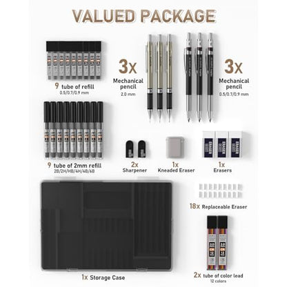 Nicpro 35PCS Art Mechanical Pencil Set, 3 PCS Metal Drafting Pencil - color: Black, style: 0.5 0.7 0.9 2.0