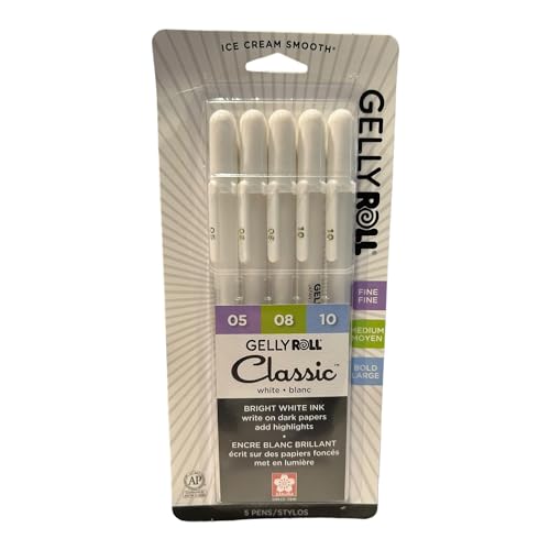 SAKURA Gelly Roll Gel Pens - Fine, Medium & Bold Tip Ink Pens for Journaling, Art, or Drawing - Bright White Ink - 05/08/10 Assorted Tip Sizes - 5 Pack