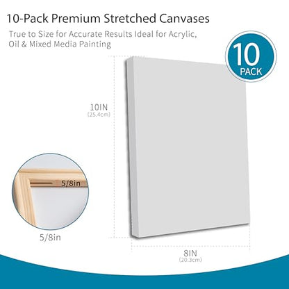 Bianyo 8x10 Inch Stretched Canvas for Painting – 10 Pack, 100% Cotton, Triple Primed & Acid-Free, Heavy-Duty Wood Frame, Blank Art Canvas for Acrylic, Oil, Watercolor & Mixed Media