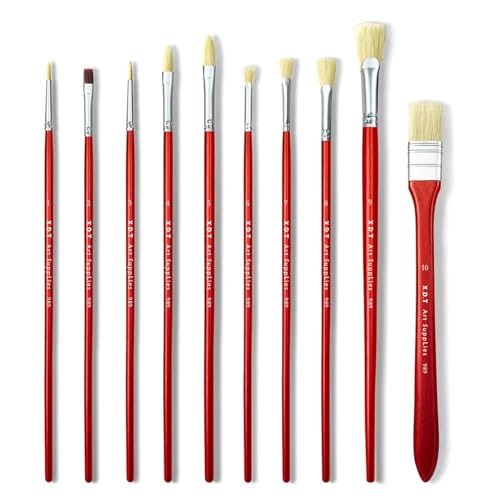 XDT#989 Artist Paint Brush 10 Piece Set Nylon & Hog Hair Extra Long Handle #1#2#3#4#5#6#7#8#9#10, Paint Brush for Acrylic & Oil & Watercolor Painting - color: Red Hog 10pcs